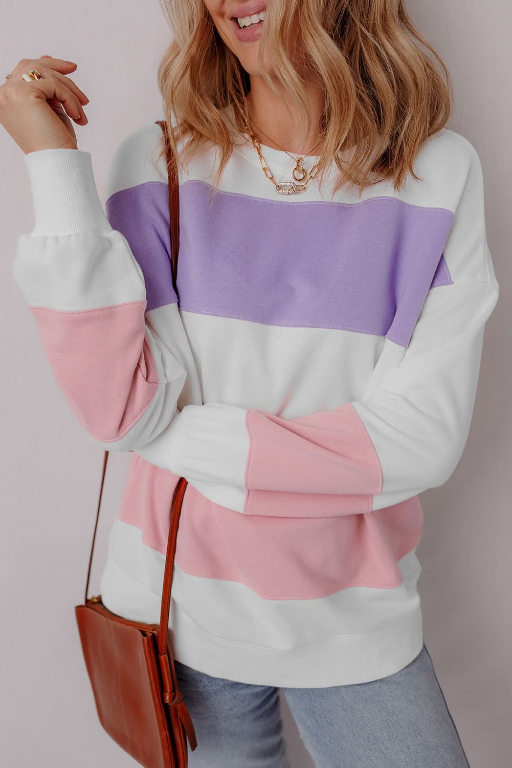 Beige Colorblock Patchwork Drop Shoulder Crewneck Sweatshirt - Love Salve